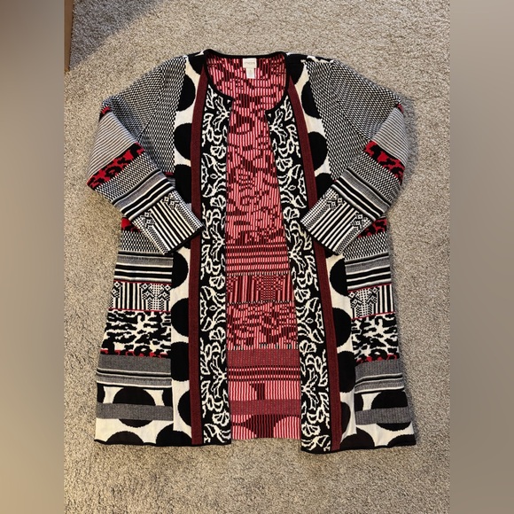 Chico’s Black and Red Patterned Long Cardigan Size 3 XL - Picture 3 of 5